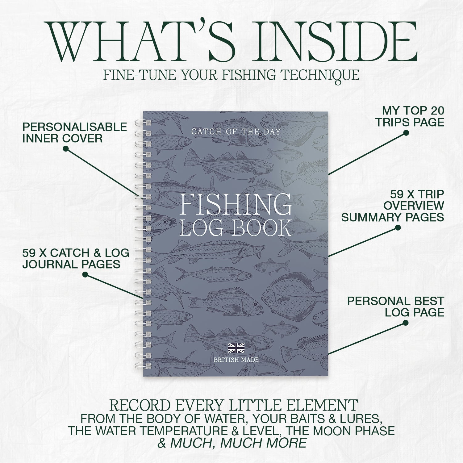 Fishing log book with features highlighted on a white background