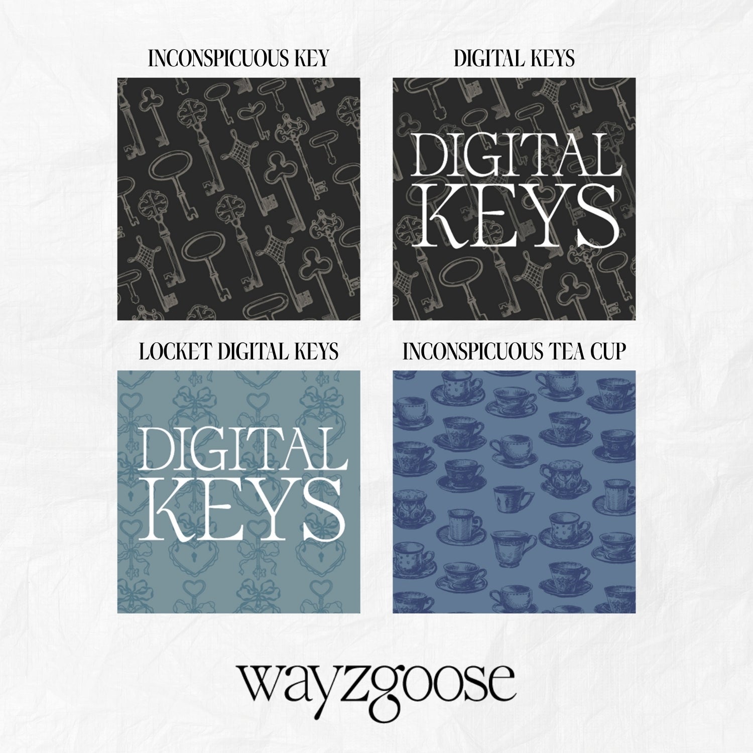wayzgoose Address & Password Log Book Pattern Swatch Chart | Inconspicuous Key Print On A Black Background | Key Print With Digital Key Text On A Black Background | Locket & Key Print With Digital Key Text On A Blue Background | Navy Tea Cup Print On A Blue Background