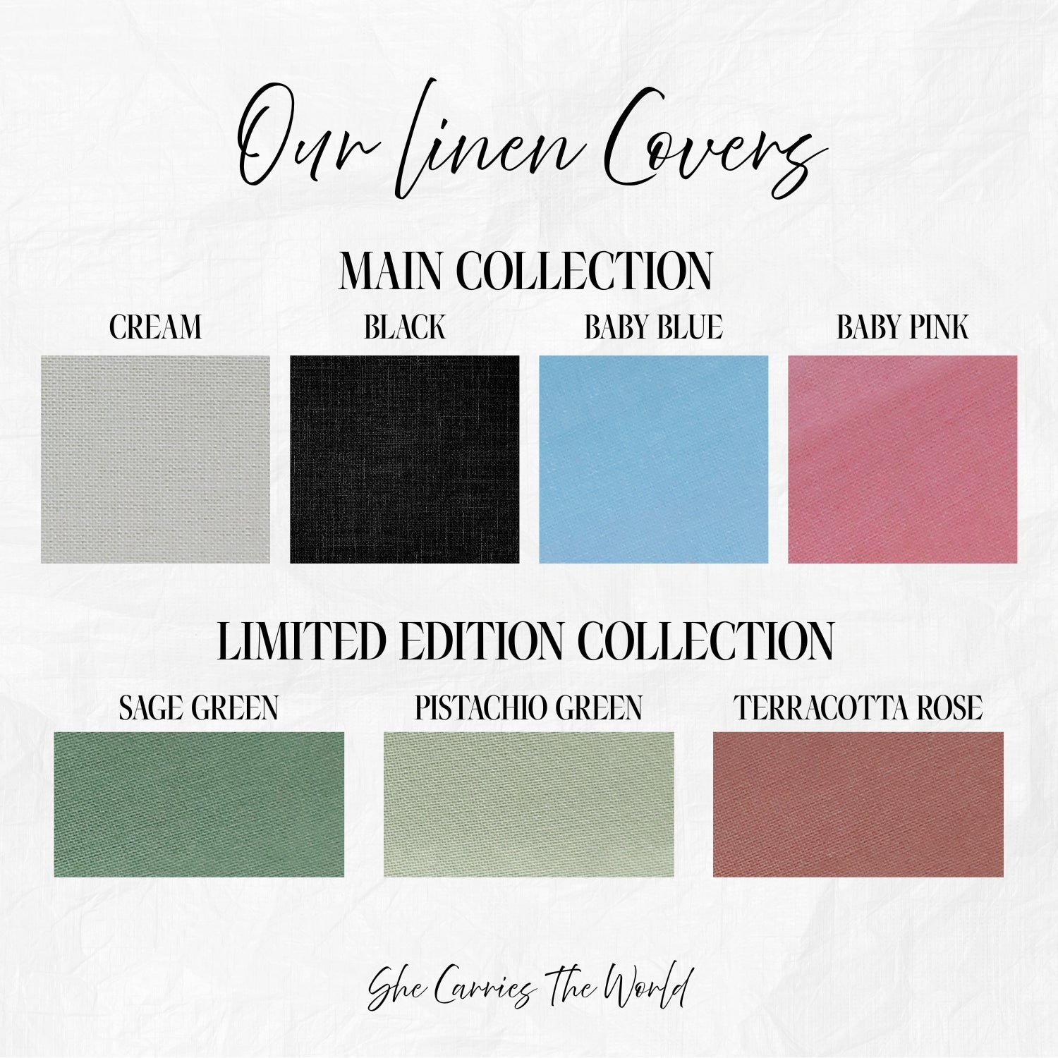 Colour swatches of linen covers with text indicating different colour options for the pregnancy planners