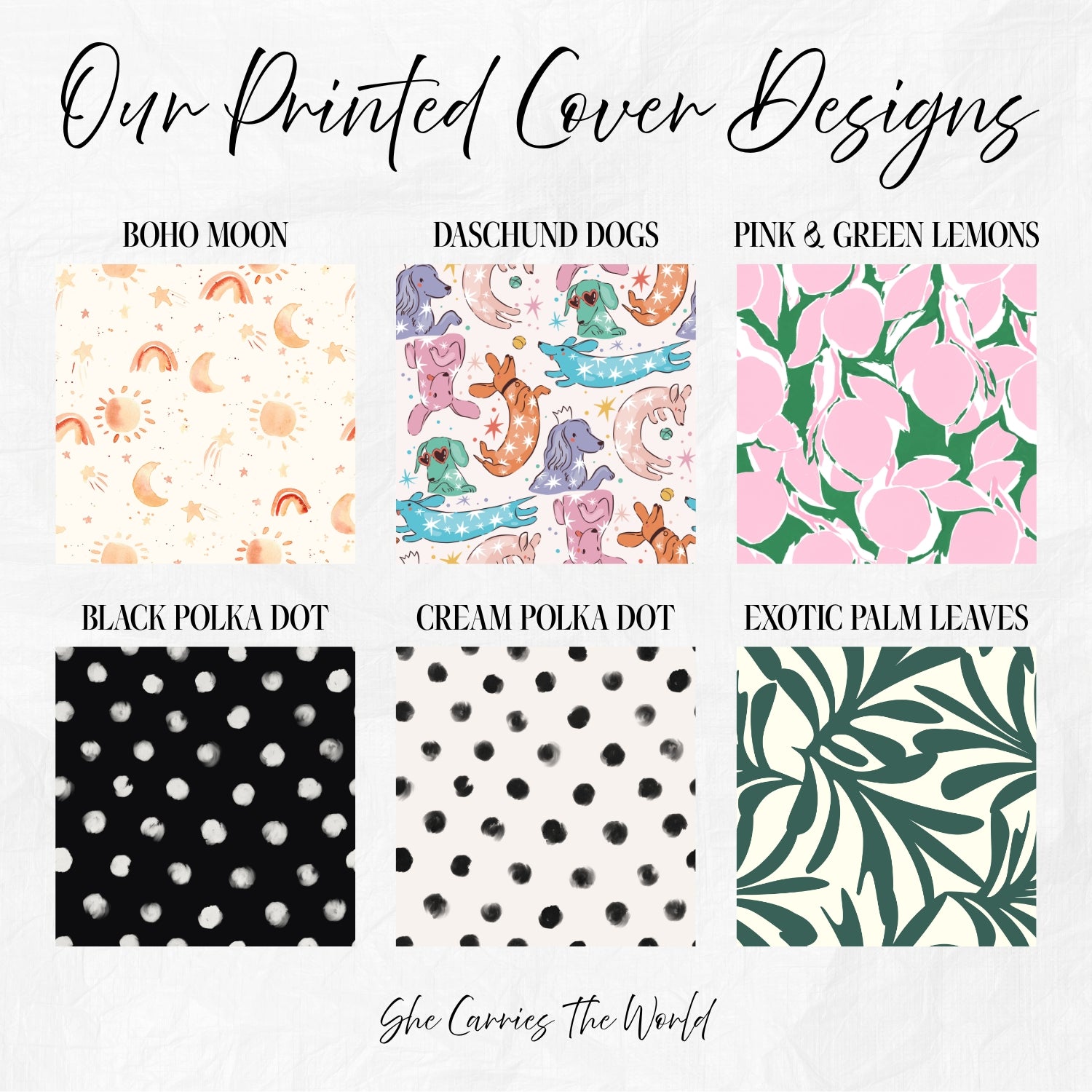 Collection of printed cover designs with names and patterns on a white background.