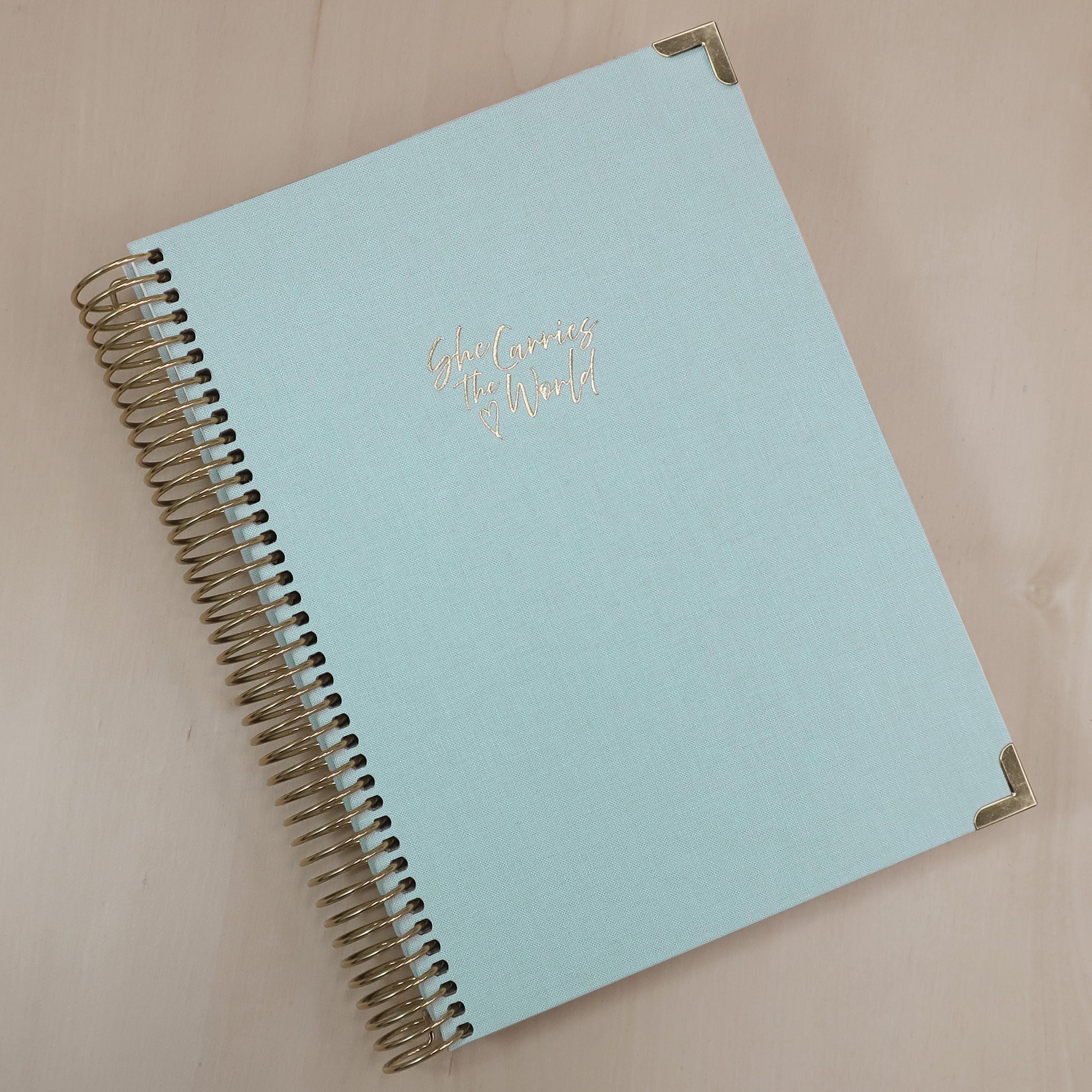 Baby Blue pregnancy journal with gold spiral binding and 'She Carries the World' text on a light wooden desk