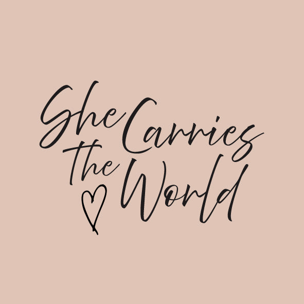 logo in black writing that says she carried the world on a cream background