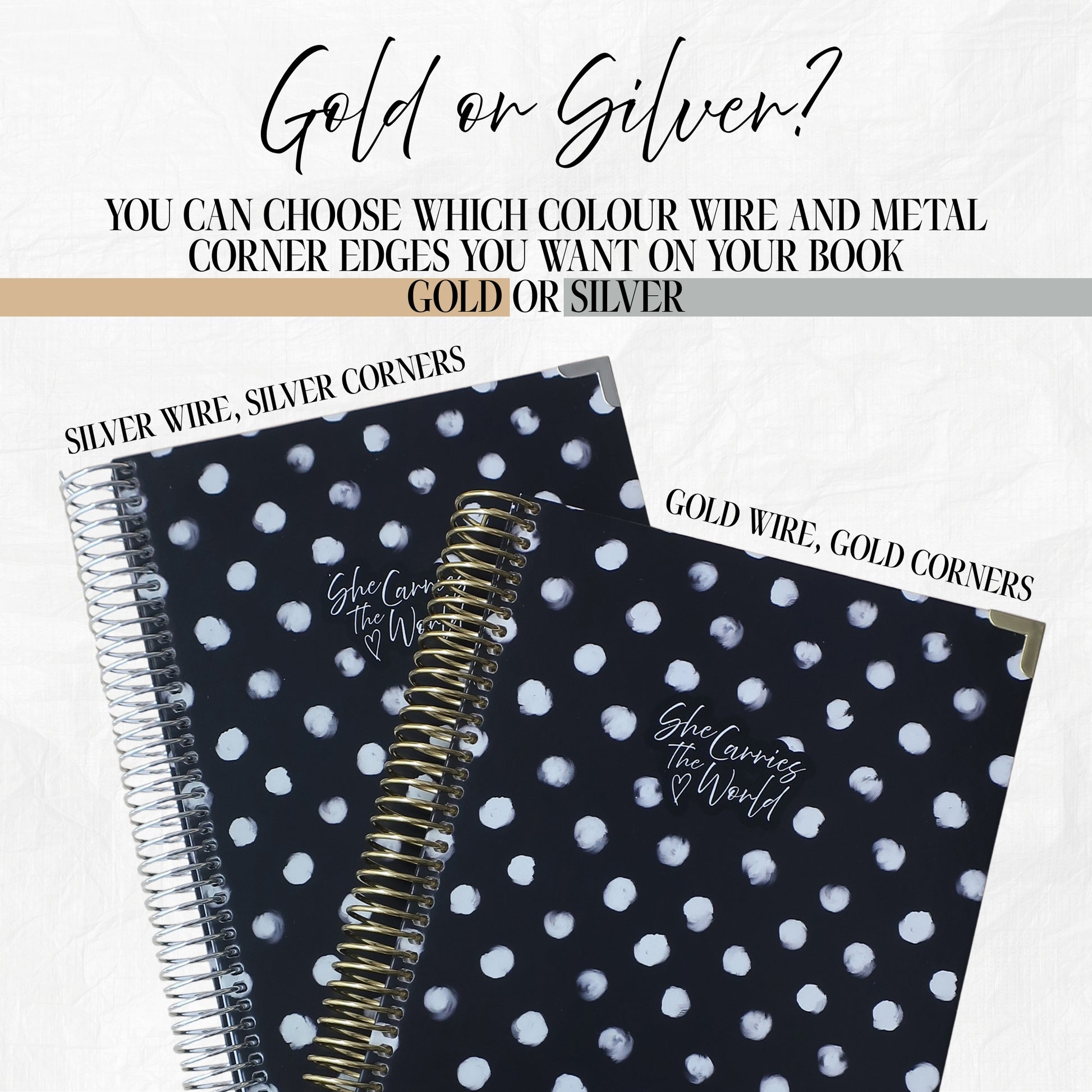 Two black polka dot pregnancy journals with white polka dots and different wire and corner edge options on a white background.