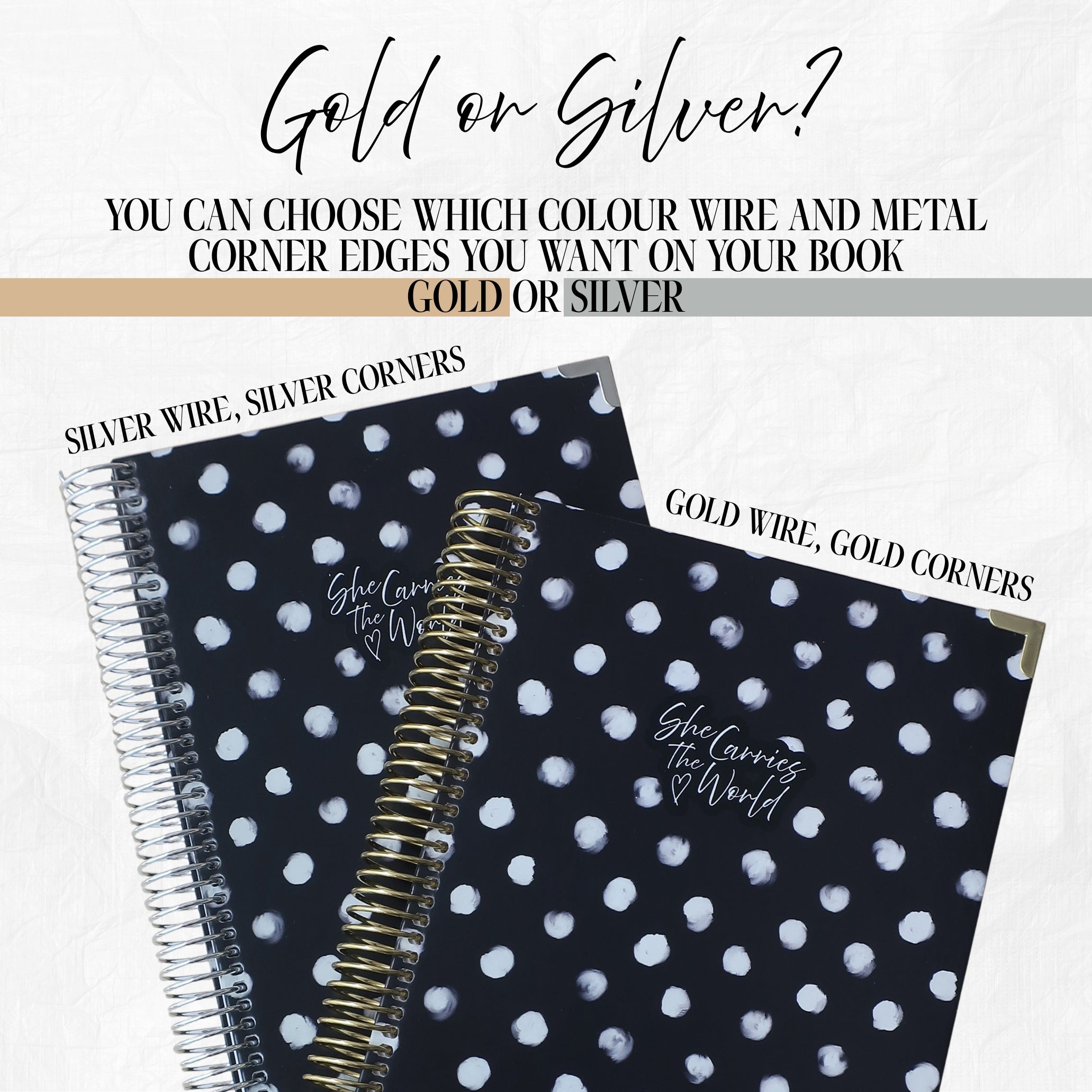 Two black polka dot pregnancy journals with white polka dots and different wire and corner edge options on a white background.