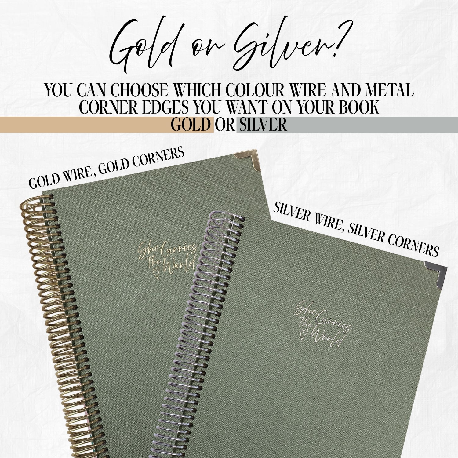 Two green pregnancy journals with gold and silver wire and corner edges on a white background.