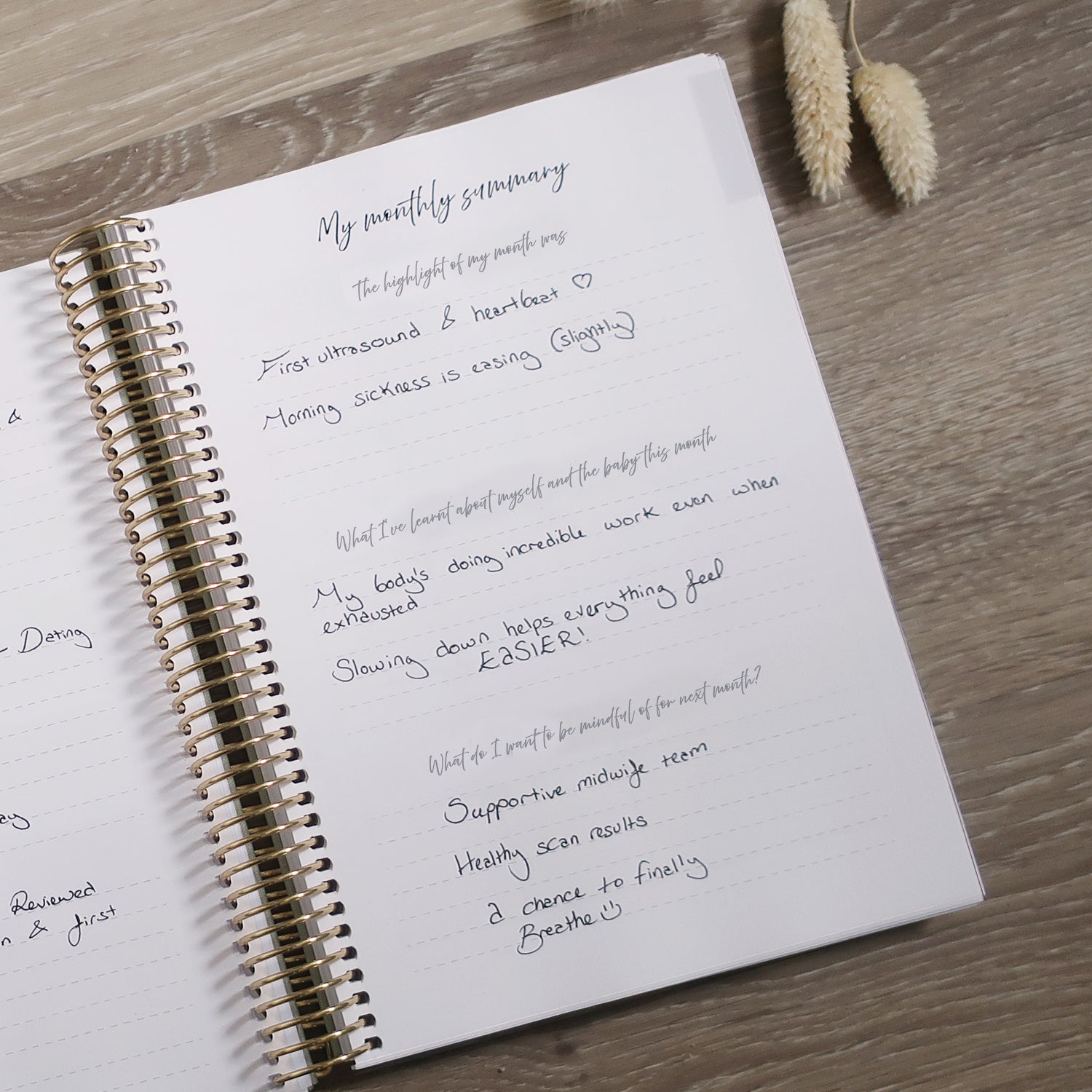 Pregnancy Journal Open On Monthly Summery Page with ultrasound scan and socks on a wooden desk