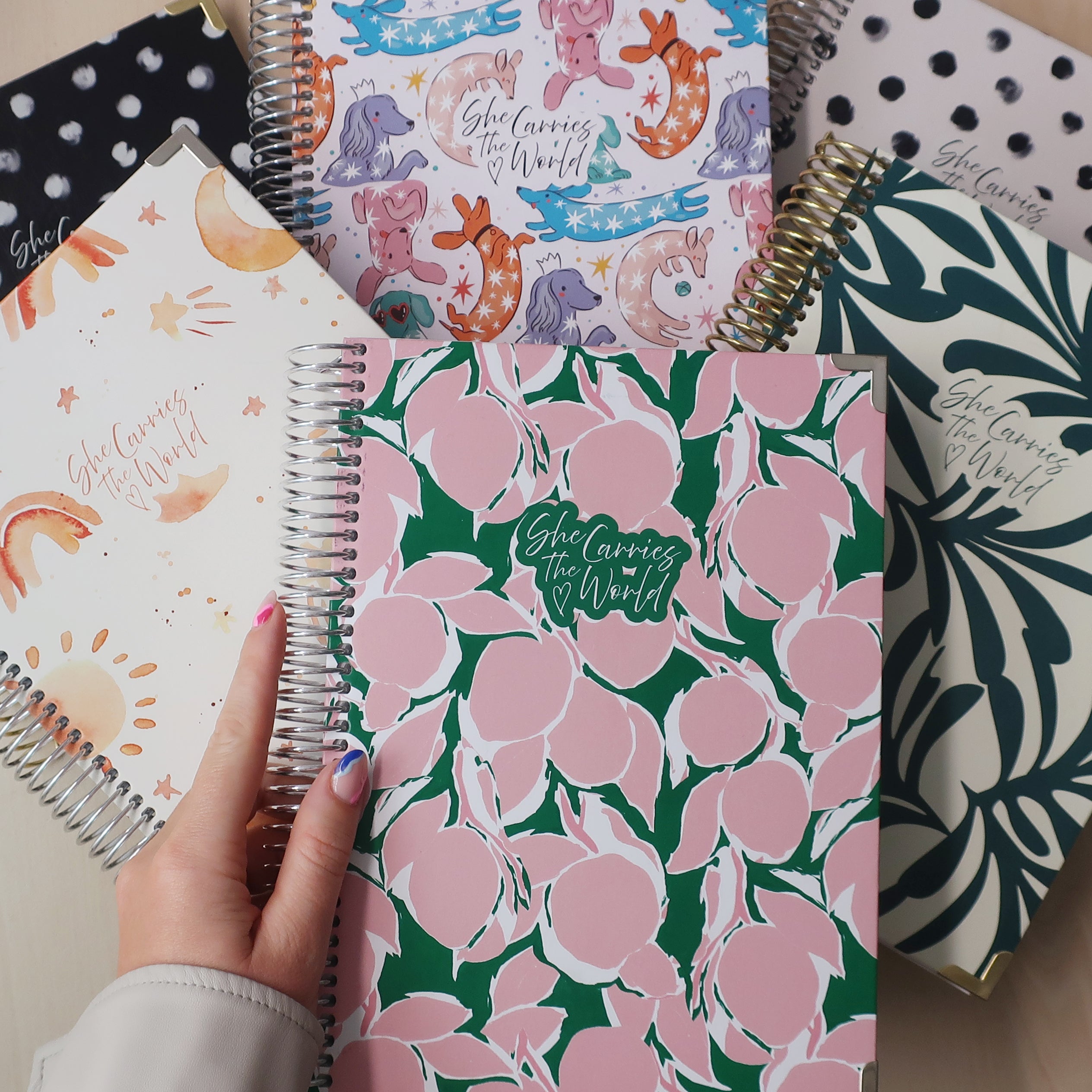 Collection of patterned Pregnancy Journals with various designs and text 'She Carries The World' held by a hand.