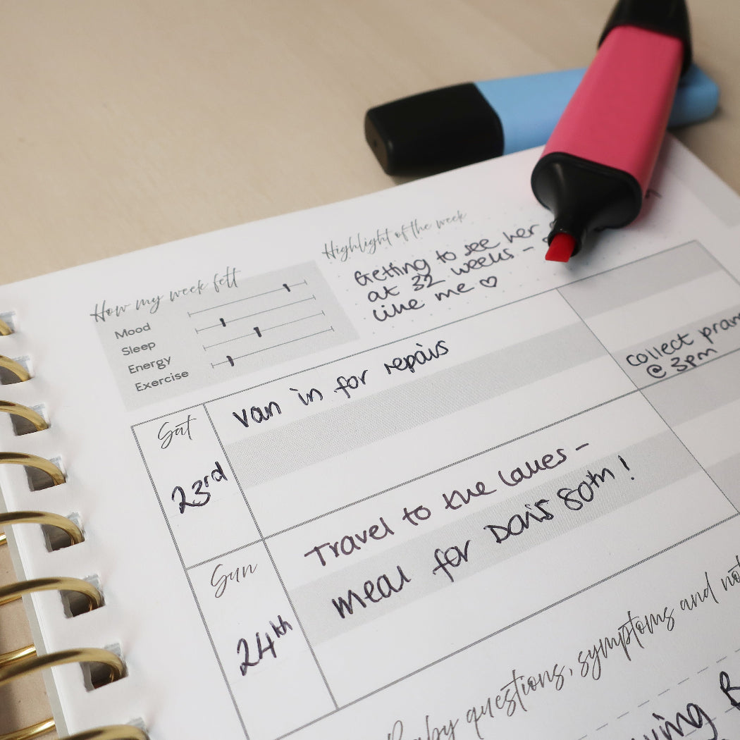 Weekly planner in the pregnancy journal with handwritten notes and a highlighter pen on a wooden desk