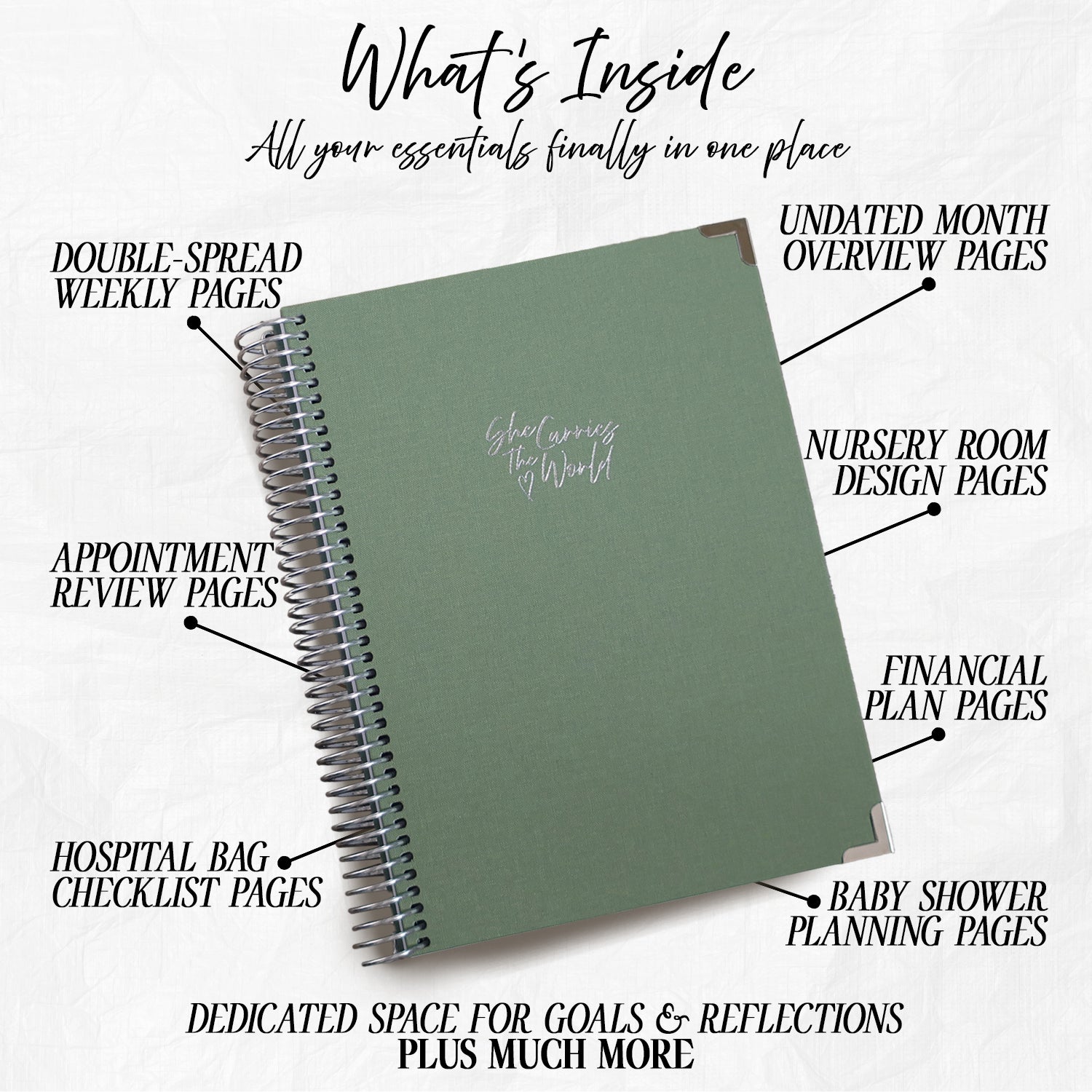 Green pregnancy journal with features listed on a white background. (Double weekly spreads, undated month overviews, appointment reviews, nursery room design, financial plans, hospital bag checklist, baby shower planning pages)