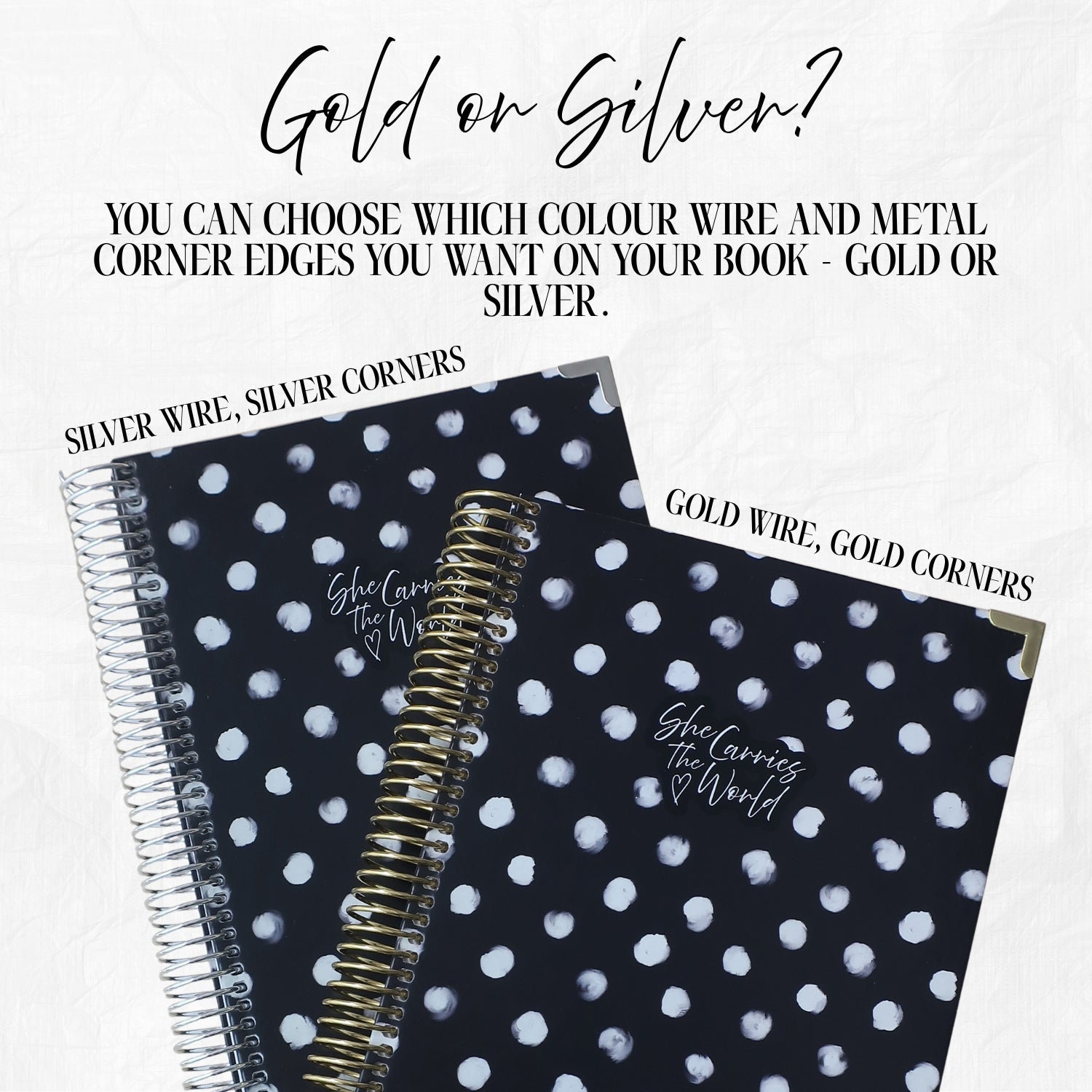 Two black polka dot pregnancy journals with white polka dots and different wire and corner edge options on a white background.