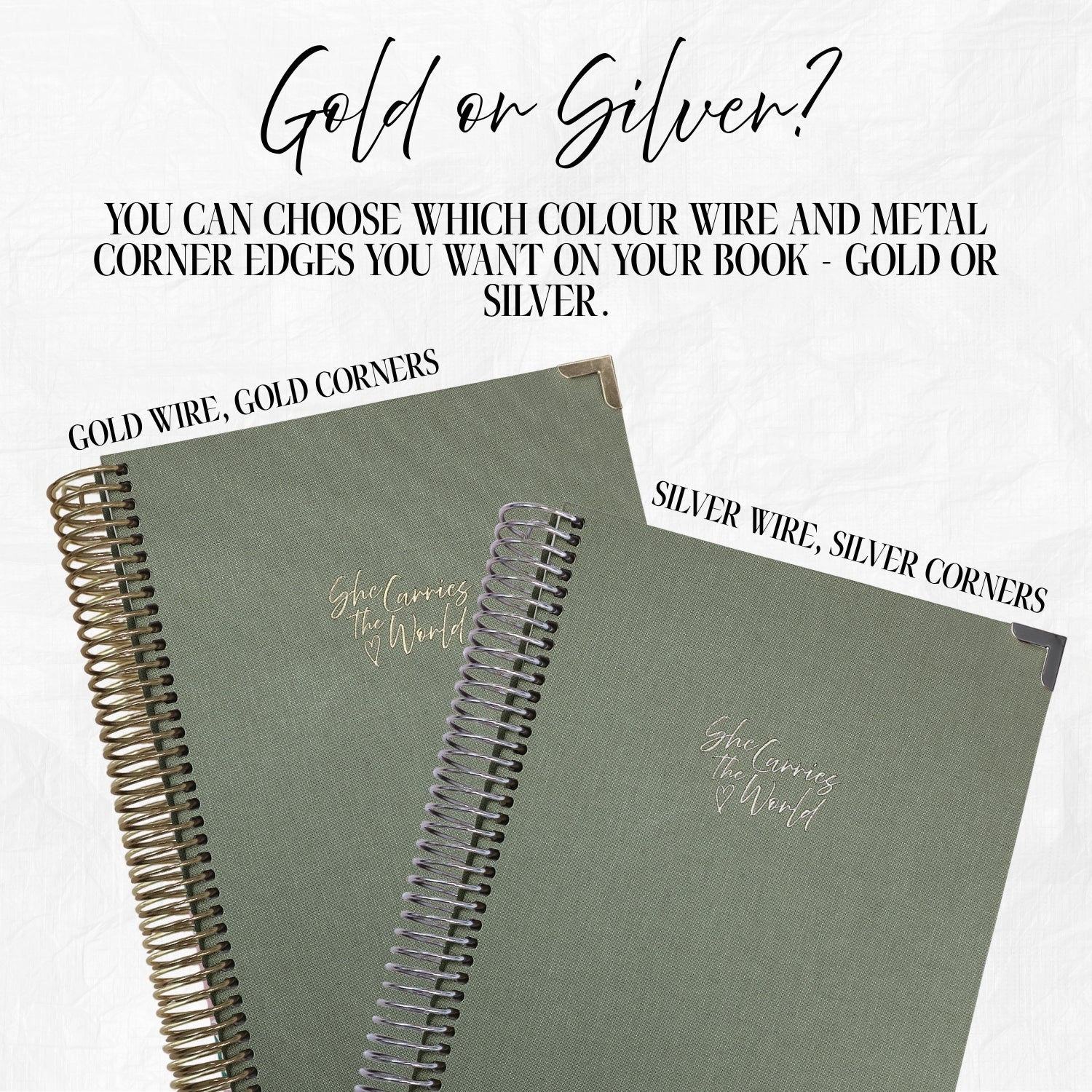 Two green pregnancy journals with gold and silver wire and corner edges on a white background.