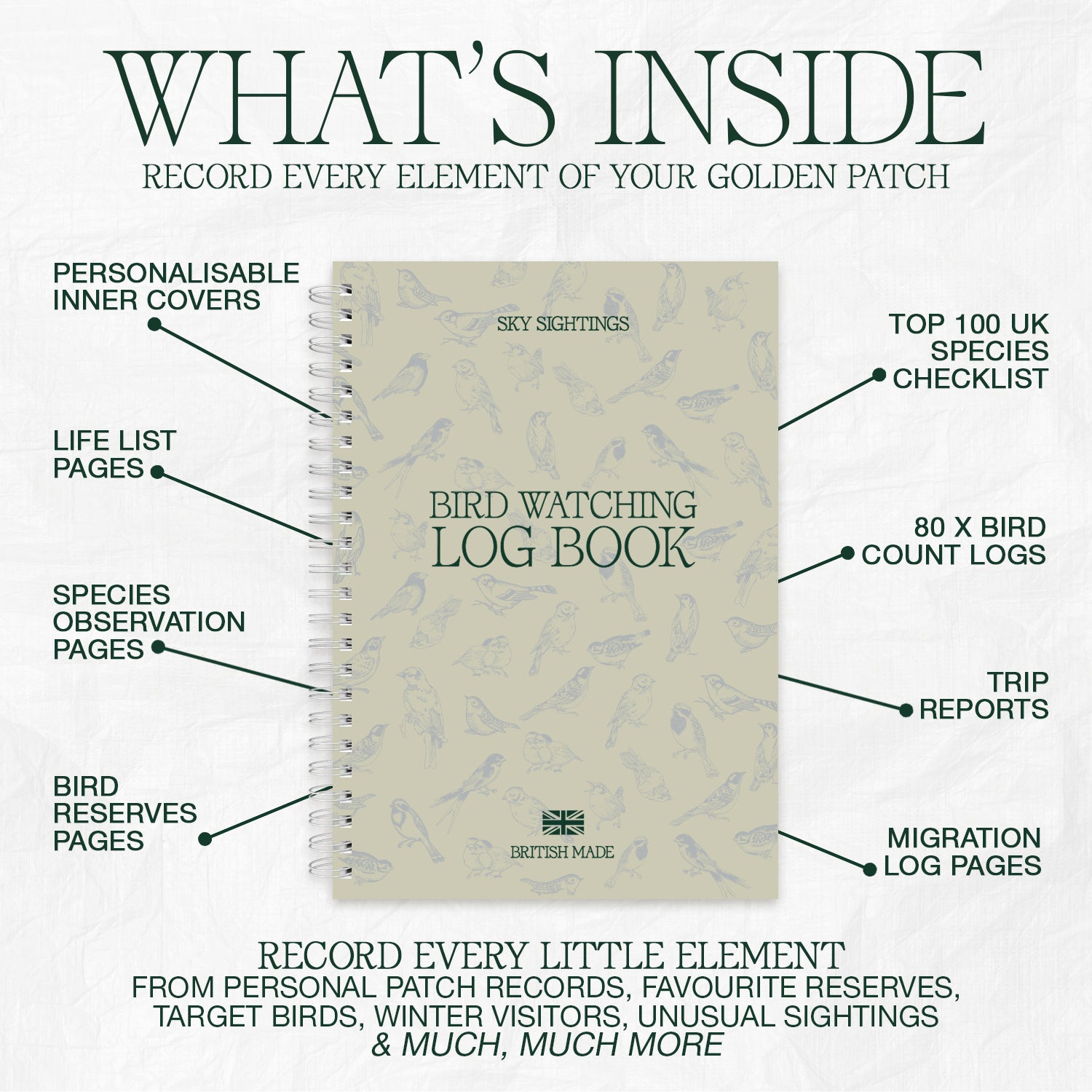 wayzgoose Bird Watching Log Book, What's Inside Graphic On A White Background