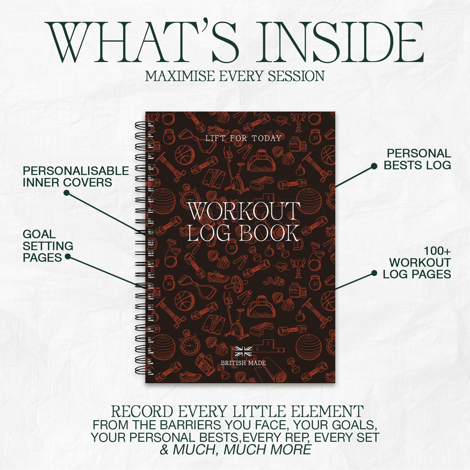 What's Inside wayzgoose Workout Log Book. Book On A White Background Displaying The Main Features