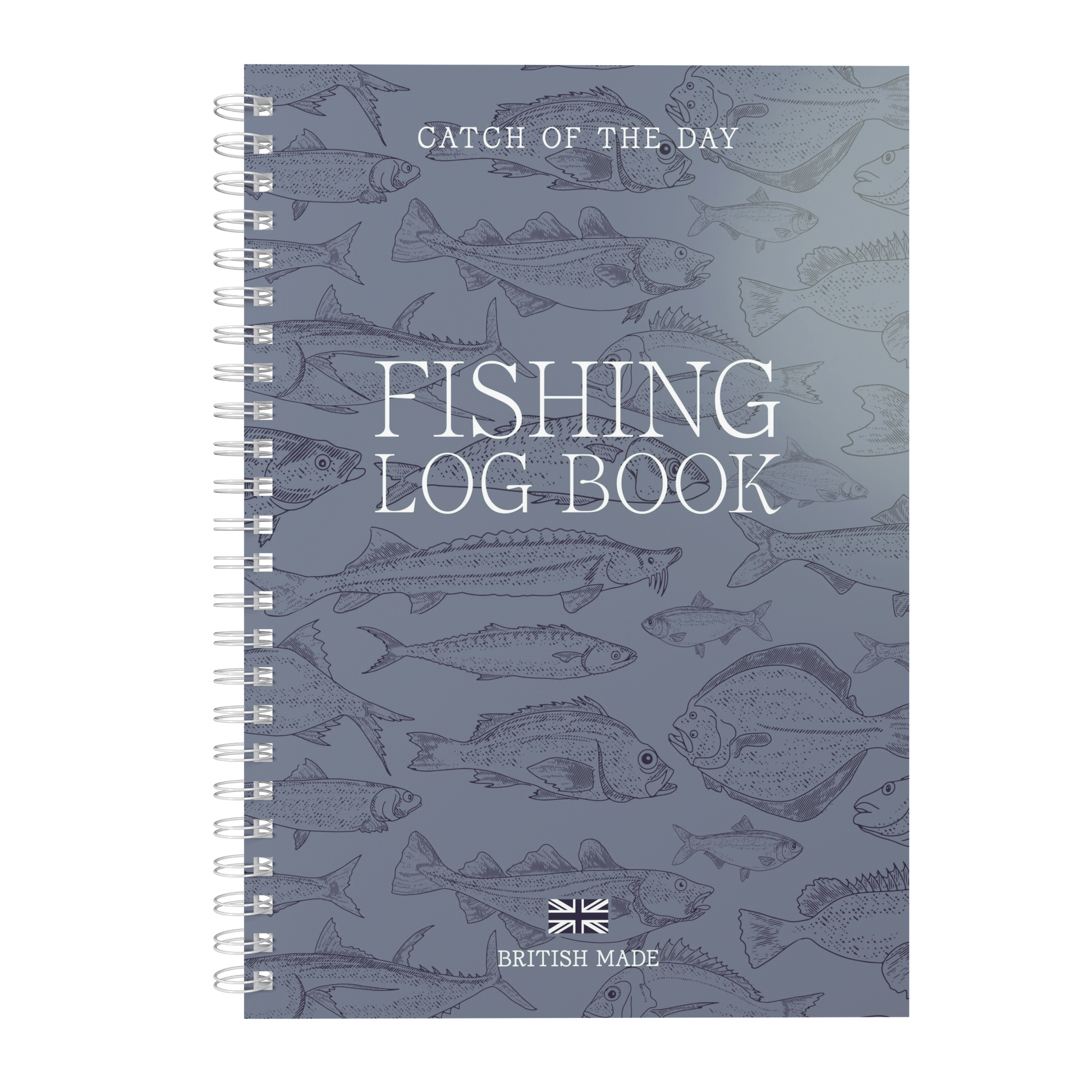 Fishing log book with fish illustrations on a blue background