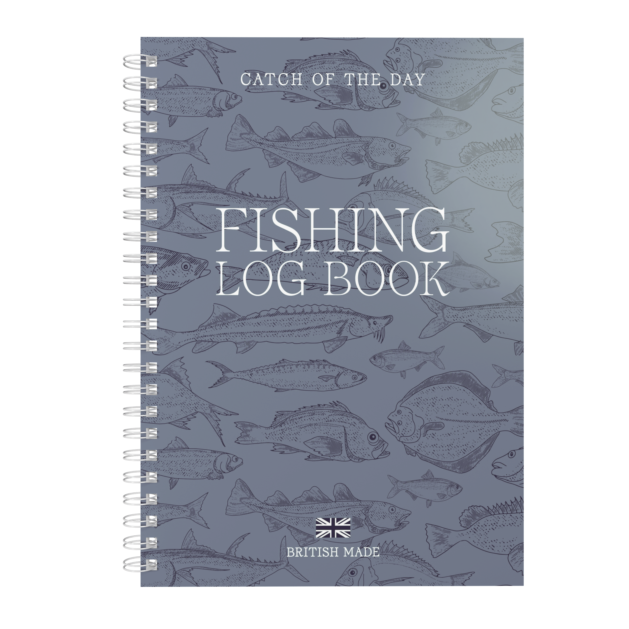 Fishing log book with fish illustrations on a blue background