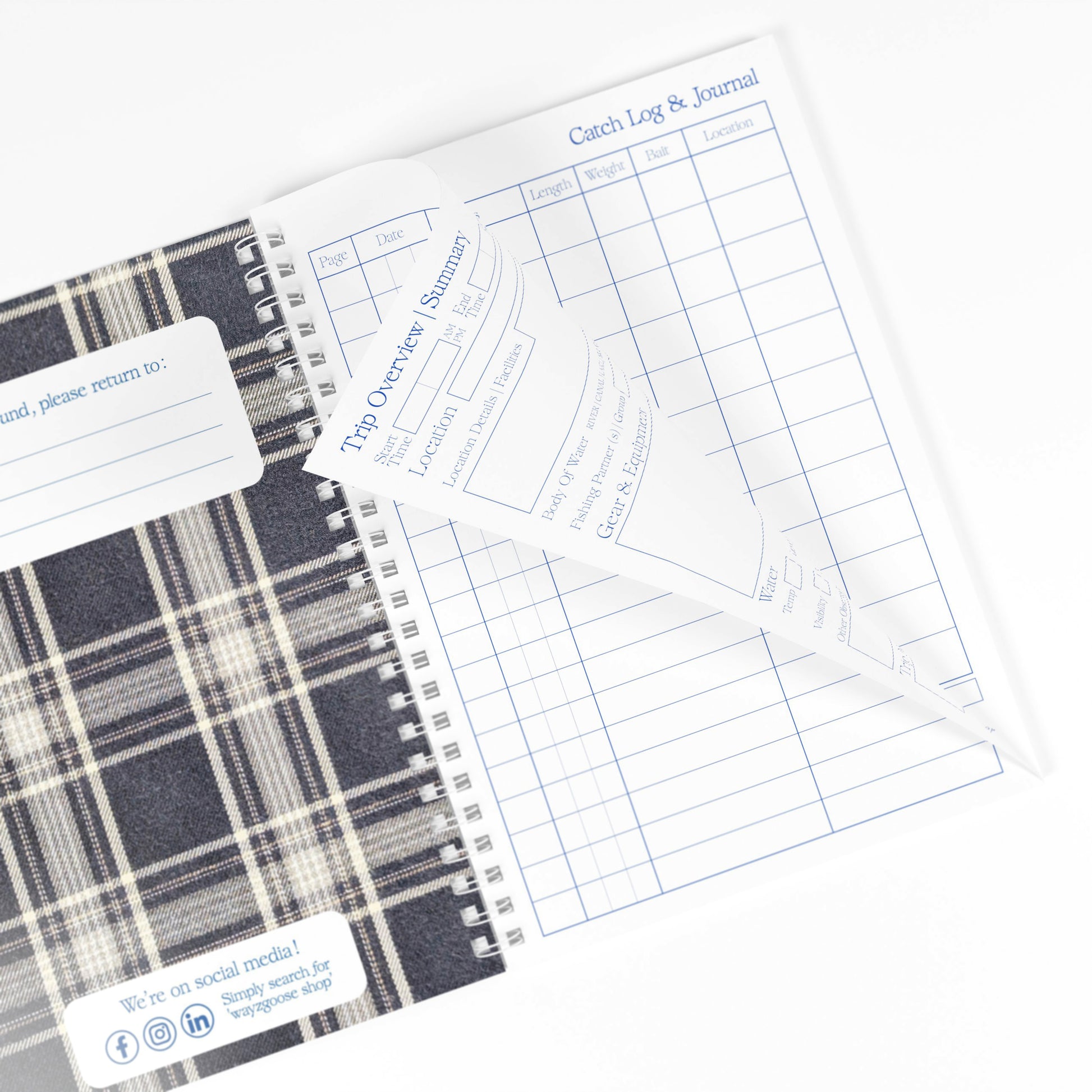 Plaid inner of fishing log book with a grid catch log on a white background