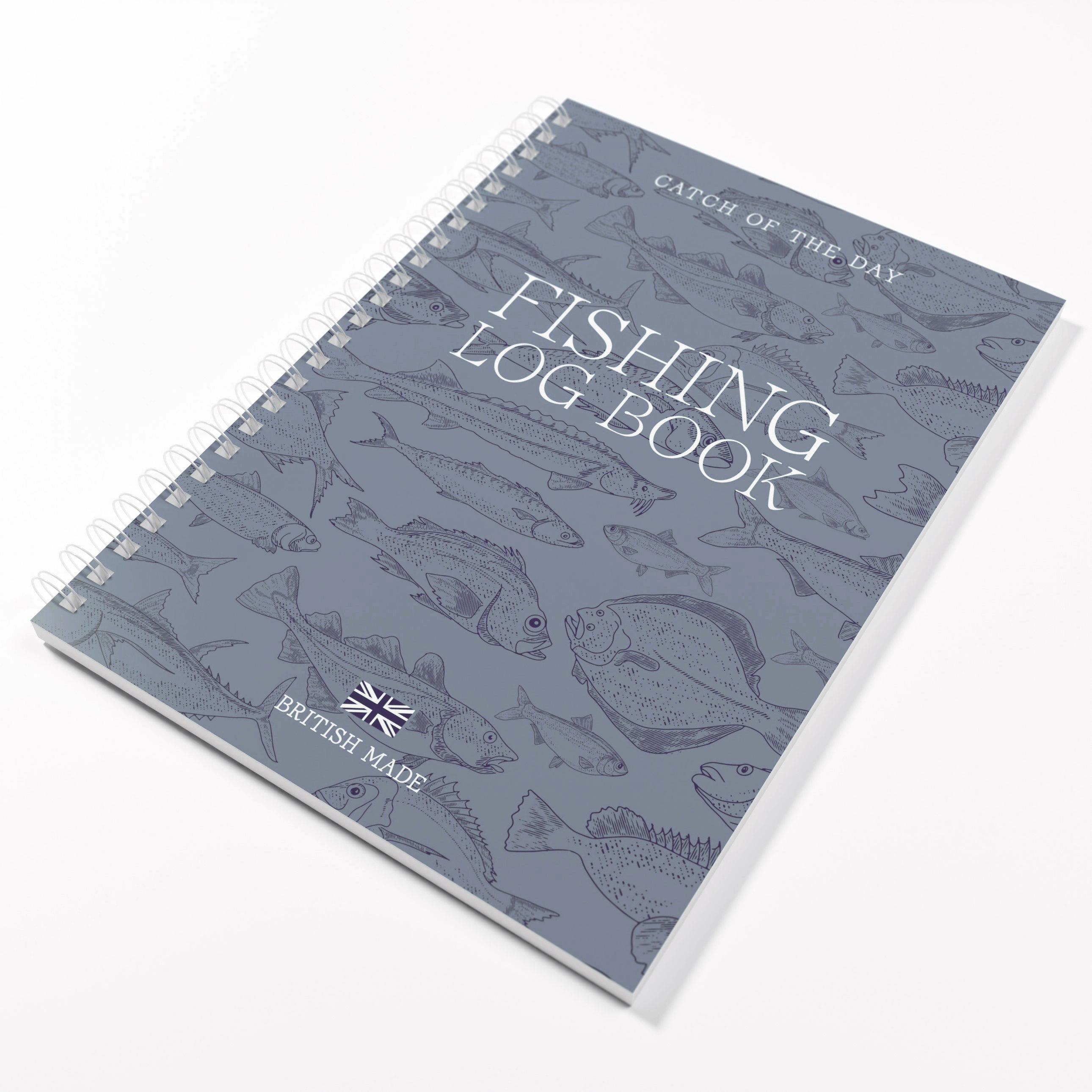 Fishing log book with fish illustrations on a white background