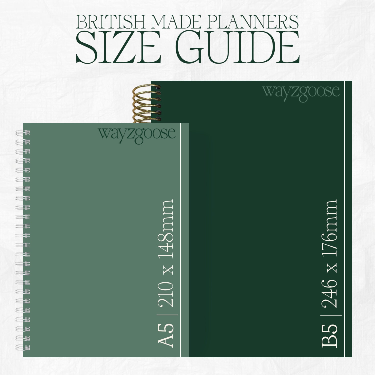 Size guide for Wayzgoose planners with A5 and B5 dimensions displayed.
