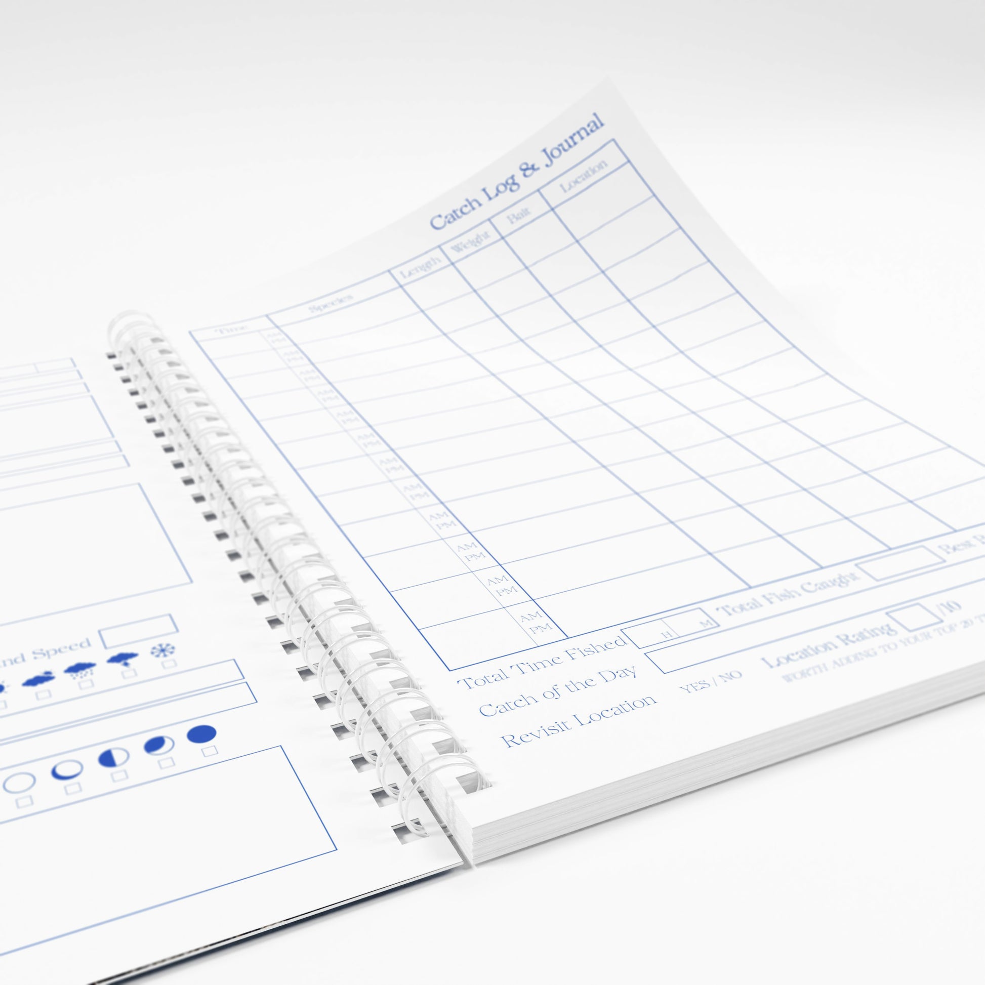 Open fishing log book with catch log pages open on a white background